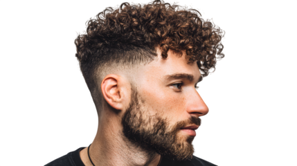 Man with curly hair and beard shows temple fade haircut from side highlighting stylish grooming