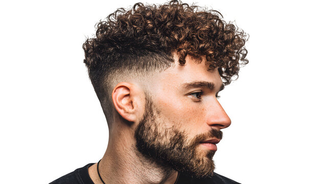 Man with curly hair and beard shows temple fade haircut from side highlighting stylish grooming