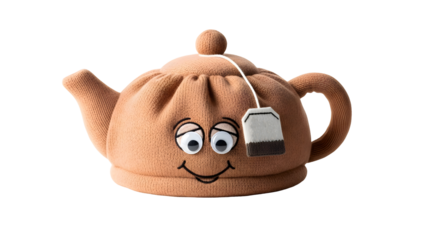 A cute knitted teapot with a tea bag and smiling face isolated on transparent background