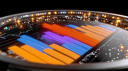 Close-up of a3D Bar Chart with Colorful Bars and Data Lines on a Dark Background graph statistics
