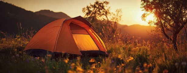 The tent glowing at sunset in a meadow with mountains and wildflowers