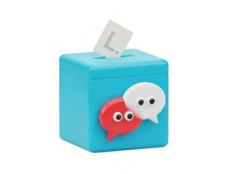 Teal box with speech bubbles on the side for communication and voting isolated on transparent background - Powered by Adobe