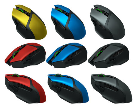 Set of wireless gaming computer mouse isolated on white background