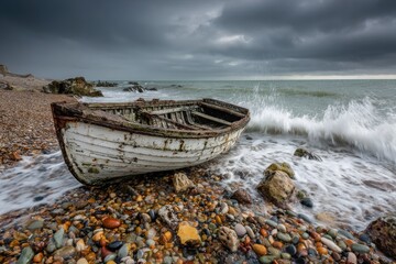 Weathered wooden rowboat on a pebbled beach, waves crashing under a dramatic, stormy sky