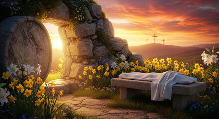 Image showing an open stone tomb, flowers, and three crosses against a golden sunset. Represents resurrection, faith, and hope during Easter time