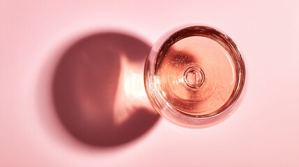 brut. Glass of rose sparkling wine on a pastel pink background, captured from above with soft shadows and studio lighting. bar promotions.
