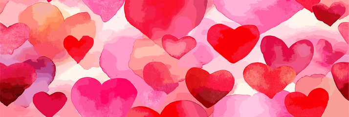 Watercolor hearts creating a seamless pattern in shades of pink and red on a white background. Seamless watercolor heart pattern for Valentine's Day love