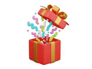 A red gift box with gold ribbon and colorful confetti exploding out isolated on transparent background