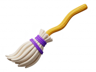 A white broom with a purple band and yellow handle isolated on transparent background