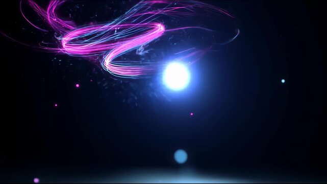 A glowing orb moves rapidly through the dark, leaving long neon trails of blue and purple colors with a scattering of shimmering sparks