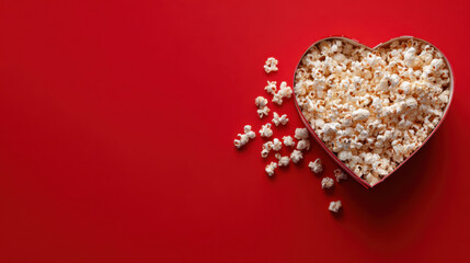 Overhead view of popcorn arranged in a heart shape for romantic movie date night and valentine day