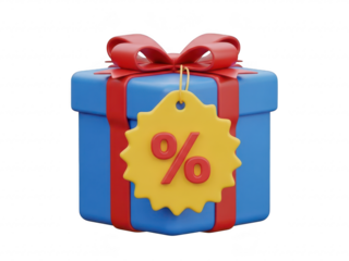Blue gift box with red ribbons and a yellow discount tag isolated on transparent background