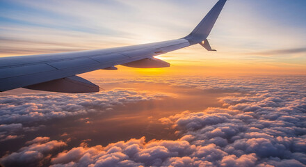 Obraz premium Aerial view of airplane wing above clouds at sunset, creating a peaceful and scenic atmosphere, representing travel, freedom, and inspiration
