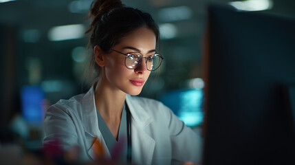 Obraz premium Dedicated Female Healthcare Professional Working on Computer in Dark Hospital Lab