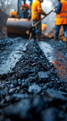 Naklejka premium Workers in bright vests lay asphalt, demonstrating the process of road repair — an excellent backdrop for materials on infrastructure projects and urban development.