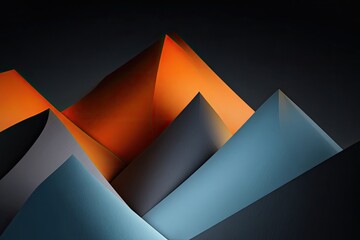 Abstract geometric artwork, layered triangles in shades of orange, blue, and gray, on dark background