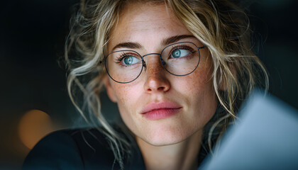 Blond woman in glasses reviews papers at office desk. She examines documents and reports with concentration. Business professional working with finance data and paperwork in modern office.