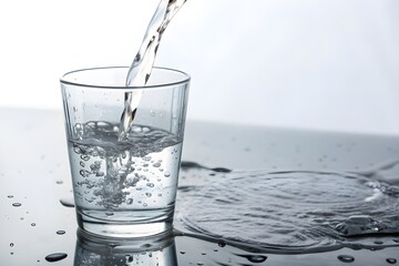 water to drink poured into a glass on blue background studio shot