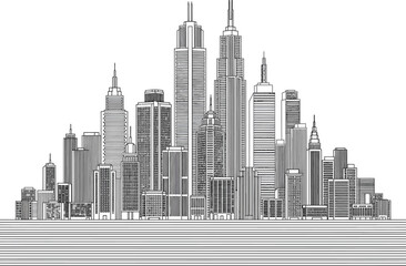 Fototapeta premium Detailed city skyline silhouette line art with various tall skyscrapers and office buildings