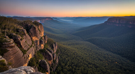 Fototapeta premium Panoramic view of majestic, stratified cliff with lush valley and distant mountains at colorful dawn, reflecting depth and natural wonder