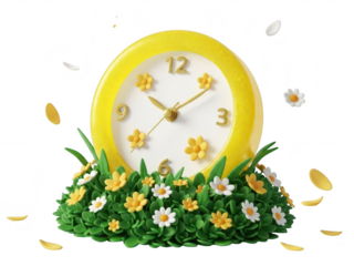 A yellow clock surrounded by green grass and flowers on a transparent background