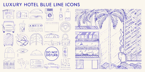 a collection of luxury hotel icons in blue line drawing style