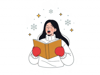 Woman singing from a book with snowflakes around her head isolated on transparent background