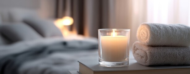 The Candle and Rolled Towels on a Book Beside a Soft Bed with Ambient Light