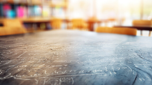 scholarly. Academic surface covered in chalk markings, creating an abstract educational atmosphere with blurred formulas. STEM education sheets.
- Powered by Adobe