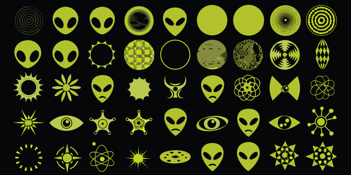 a collection of various green alien heads symbols and abstract geometric designs