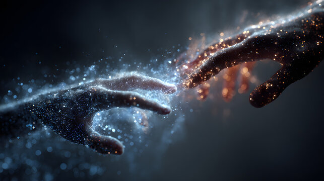 Two hands reaching toward each other, one human and one made of digital AI particles, neural network glow between them, future technology concept, dark background, no face - Powered by Adobe