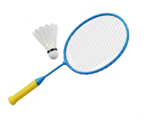 Blue badminton racket with yellow handle and shuttlecock on transparent background for sports