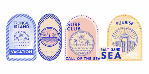 three tropical island badges with vacation themes and coastal illustrations © Bipul