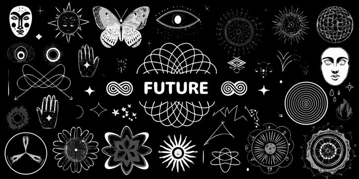 a collection of monochrome mystical symbols faces and geometric patterns against a black background