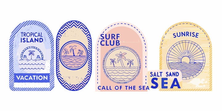 three tropical island badges with vacation themes and coastal illustrations
