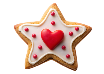 Star shaped cookie with white icing red heart and red candy decorations