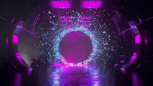 HD cinematic video, abstract neon particle tunnel, moving forward glowing particles, pulsing neon spotlights purple blue, pink magenta particles floating sparkling smoke fog effects, dynamic energetic