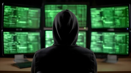 Anonymous figure in a hooded sweatshirt works in a dark room surrounded by multiple computer monitors displaying green digital code