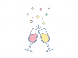 A colorful illustration of two glasses clinking together with confetti isolated on transparent background
