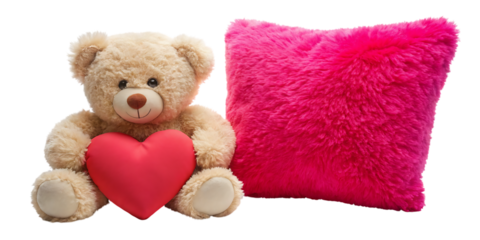 Teddy bear holding red heart with pink pillow stuffed animal
