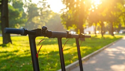 Close-up of electric scooters lined up on a pathway in a sun-drenched park, with lush green trees in the background