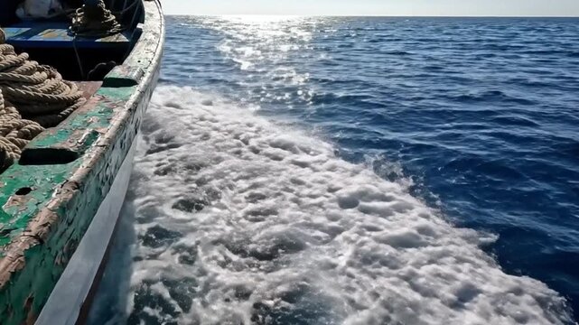 A sturdy boat steadily cuts through the vast expanse of deep blue water, creating a dynamic wake of frothy white foam and bubbles that trails behind it. The bright sun casts shimmering reflections acr