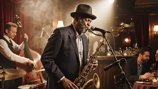 A talented, mature male musician passionately performs a saxophone solo on stage, bathed in warm, dramatic stage lighting and surrounded by a smoky atmosphere. Dressed in a sophisticated suit and fedo
