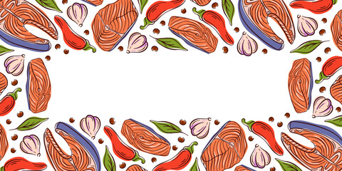 Seafood border illustration with salmon steak, chili pepper, garlic and herbs in flat style. Culinary background for wallpaper, recipe book and food design.
