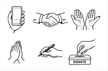 hand gestures and actions including handshake phone donation and writing
