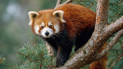 Red panda with fluffy fur standing on a tree branch in a forest, close-up wildlife photography