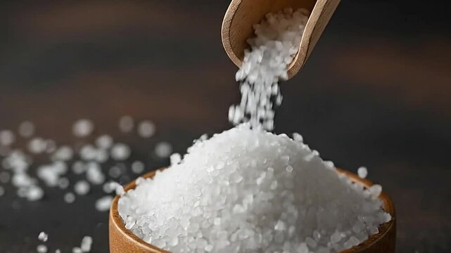 Coarse Sea Salt Pouring into a Wooden Bowl on a Dark Background