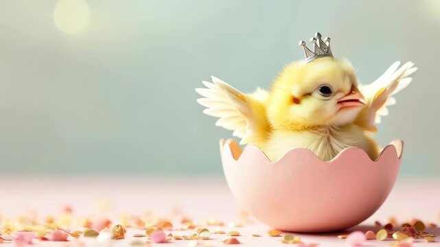 Funny cute little easter baby chick in a precious eggshell crown flapping his wings on pastel soft background. Easter concept holiday greeting card with copy space