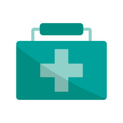 Obraz premium First aid kit. Medical suitcase Vector. Healthcare emergency bag. Turquoise cross box.