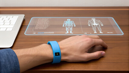 Futuristic health monitoring with wearable fitness tracker displaying holographic human body data on wooden desk